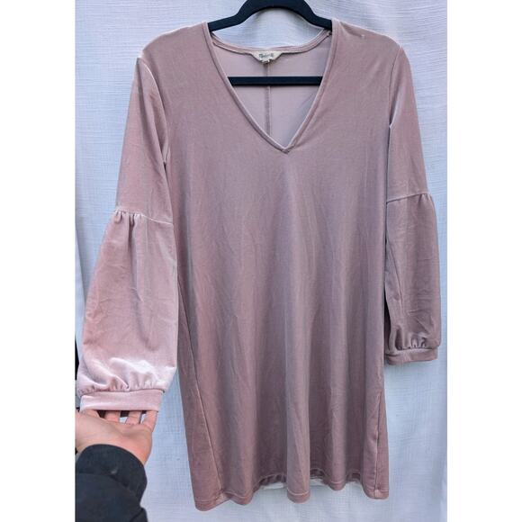 Madewell Pink Velvet Dress Size XS Balloon Long Sleeve Velour V-Neck Shift Soft - Picture 2 of 7